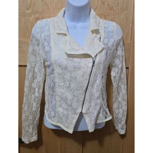 Floral Lace Cream Sheer Moto Jacket With Asymmetrical Zipper jr size M 10/12